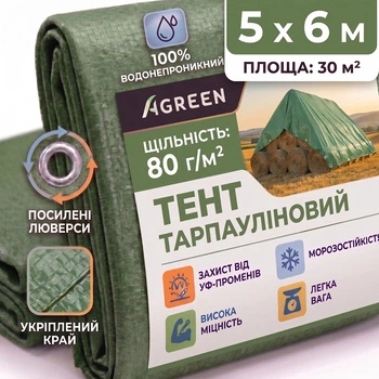 Тент Agreen 5х6м 80г/м² посилений з люверсами тарпаулін темно-зелений 89356