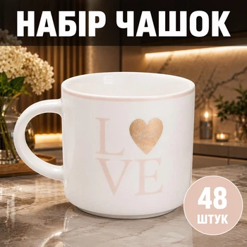 Набор фарфоровых чашек 48 штук в коробке 350 мл Love чашки на подарок в школу для чая и кофе Белый