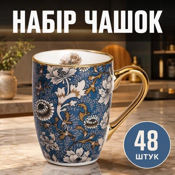 Набор фарфоровых чашек 48 штук в коробке 400 мл чашки на подарок в школу для чая и кофе Синий с белым