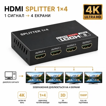 Сплітер відеосигналу Stone 1x4 HDMI 4K дублювання сигналу на 4 виходи спліттер розгалужувач (ST-SS020)