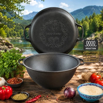 Казан узбекский чугунный WOK с крышкой-сковородой 12 л чугунный Maysternya подходит для индукционных плит