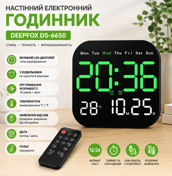 Настенные часы Deepfox DS-6650 электронные с LED-подсветкой и пультом ДУ 18,5х18,5 см с термометром таймером и двумя будильниками