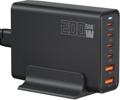 Сетевое зарядное устройство 200W GaN III 6 портов USB-C/USB-A PD быстрая зарядка для ноутбука смартфона