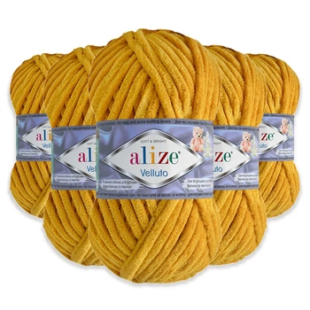 Упаковка Alize Velluto, Желтый №02, 5шт - плюшевая пряжа 100 г / 68 м, толстая нить для вязания спицами и крючком пледов, игрушек