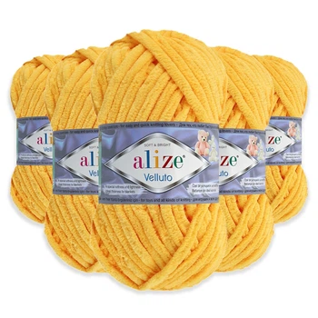 Упаковка Alize Velluto, Мимоза №216, 5шт - плюшевая пряжа 100 г / 68 м, толстая нить для вязания спицами и крючком пледов, игрушек