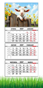 Календарь настенный квартальный на 2027 год на три пружины, Apriori, год Козы, символ года Коза, 29,7х61см ,86 вид