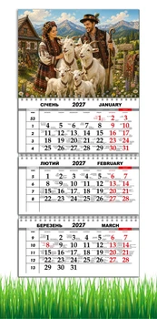 Календарь настенный квартальный на 2027 год на три пружины, Apriori, год Козы, символ года Коза, Карпаты , 29,7х61см ,184 вид