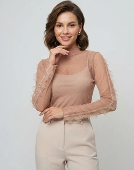 Прозора кофтинка в ромбики з декоративними рукавами Honey Fashion Accessories XS/S кавовий (10-144)