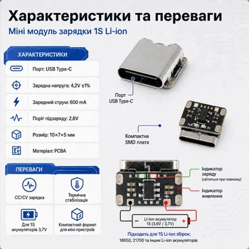 Міні плата зарядки 18650 Type C 4.2V 600mA