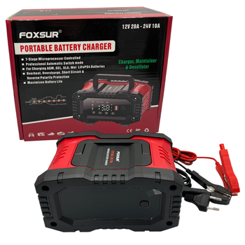 Зарядное устройство FOXSUR 12V/24V 20A/10A для автомобильных аккумуляторов AGM, GEL, SLA, LiFePO4 с функцией десульфатации