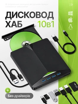 Внешний CD/DVD RW дисковод с USB хабом 10в1 USB 3.0 Type-C оптический ультратонкий с кардридером Micro SD для ноутбука MacBook компьютера ПК чтение и запись дисков портативный Plug&Play без драйверов без внешнего питания 5 Гбит Windows MacOS Linux