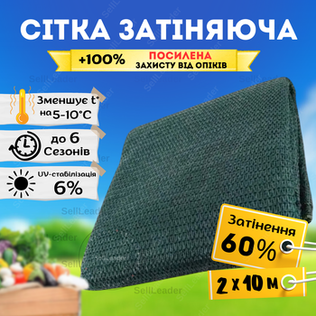 Сітка тіньова 60% затінення 2х10м зелена Shadow захист від сонця накриття городу теплиць навісу в пакеті