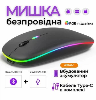 Мышка беспроводная бесшумная компьютерная Art Planet Mouse Pro 3 Slim для макбука ПК и ноутбука аккумуляторная безпроводная 2в1 Bluetooth и USB 2.4ГГц плоская Slim с RGB подсветкой к мак компьютеру игровая 400мАг