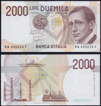 Банкнота Италия 2000 лир 1990 г. UNC