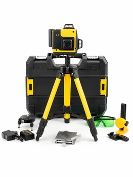Лазерный уровень нивелир Laser Level Meter 3D-4D 2 аккумулятора 16 линий зеленый луч со штативом в кейсе желтый