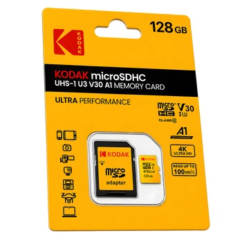 Карта памяти Kodak microSDHC 128GB UHS-I U3 V30 A1 Class 10 до 100MB/s + SD адаптер для телефона, камеры, дрона