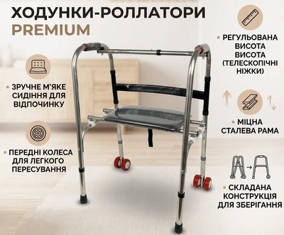 Ходунки-ролатори складні з сидінням та колесами для реабілітації та для людей похилого віку