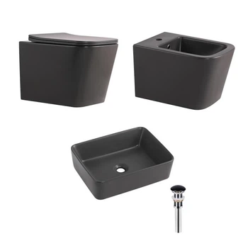 Комплект Qtap Tern Anthracite 3 в 1: підвісний унітаз + біде підвісне + раковина накладна
