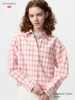 Укороченная рубашка свободного кроя JW ANDERSON UNIQLO в клетку 1159863607 (Розовый M)