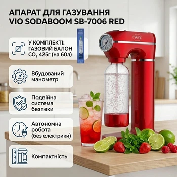 Аппарат для газирования воды с манометром бутылкой и баллоном CO2 ViO SodaBoom SB-7006 Красный