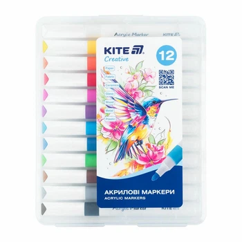 Набор акриловых маркеров Kite Creative Jumbo 2 мм 12 цветов в пластиковой пенале (K-1290)