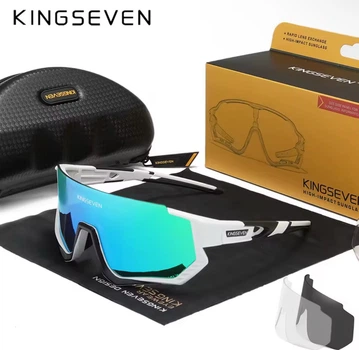 Солнцезащитные очки KINGSEVEN LS910 велосипедные с поляризацией и комплектом сменных линз для велоспорта бело зеленые с противоударной оправой TR90 для активного отдыха и защиты глаз от ультрафиолета UV400 в любую погоду и время суток