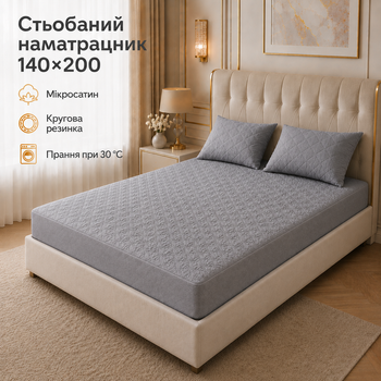 Стёганый наматрасник 140×200 см с бортом 23 см и круговой резинкой по периметру пепельно-серый
