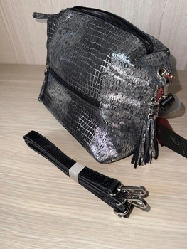 Сумка женская DEESSE натуральная кожа под змею лазерное напыление черно серая серебристая