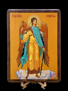 Икона Ангела Хранителя 21×29 см на дереве с натуральным холстом, частицей ладана и подставкой