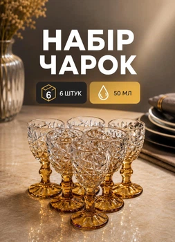 Набір чарок на ніжці 6 штук 50 мл для горілки наливки подарункові чарки скляні