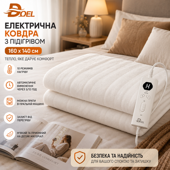 Електрична ковдра з підігрівом DOEL 160x140 см: 10 режимів нагріву, автовимкнення, захист від перегріву, White