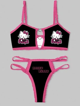 Комплект женского белья Хелоу Кити Топ и трусики Hello Kitty Lingerie Set Аниме Санрио Y2K тренд (черно-розовый) M