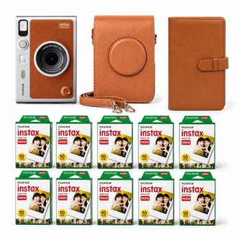 Подарочный набор с фотокамерой мгновенной печати Fujifilm INSTAX MINI EVO Hybrid Brown + 100 фото + альбом на 108 фото + чехол + подарочная упаковка, коричневый