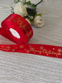 Новорічна атласна стрічка 2.5см.( за 1 метр) Червона "Mery Christmas"