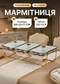Мармитница фарфоровая белая набор из 3 секций по 1.5 л прямоугольная со стеклянными крышками и металлической подставкой с подогревом для подачи горячих блюд на банкете размером 68х33х17 см