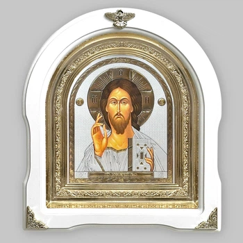 Икона Господа Вседержителя, лик 15х18 см, в белом деревянном киоте, арка, 09001