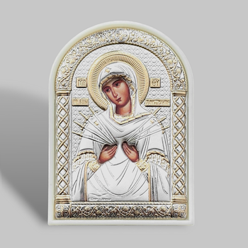 Икона серебряная 6,2х8,8 см на пластике. Пресвятая Богородица Семистрельная. PL-2/006G/B