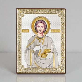 Икона серебряная 12 x 16 см Пантелеймон Целитель. P-4/012G/K