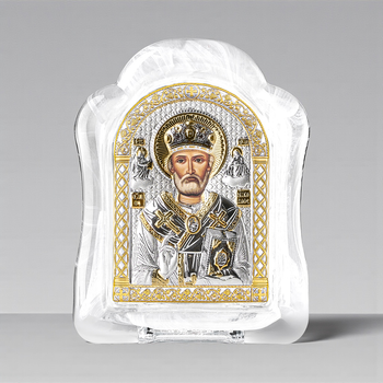 Икона серебряная 6,8х8,76 см. в муранском стекле арочной формы. Святой Николай Чудотворец. MSA-1/003G/B.