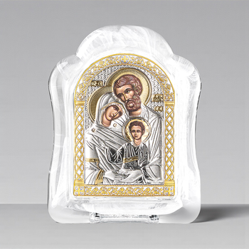 Икона серебряная 6,8х8,76 см. в муранском стекле арочной формы. Святое Семейство. MSA-1/005G/B