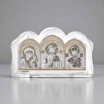 Серебряный тройник 12,8 x 7,7 см в муранском стекле, Казанская, Спаситель, Николай. MST-1/G/B