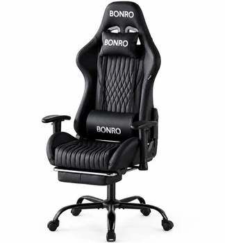 Геймерское кресло Bonro 1002G-1 черное из экокожи с выдвижной подставкой для ног и подушками до 150 кг (163-76-42401214)