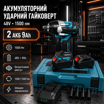 Аккумуляторный ударный гайковерт 48V 9Ah с двумя аккумуляторами бесщеточным двигателем до 1500 Нм в кейсе