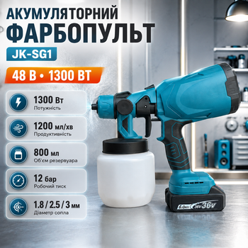 Краскопульт аккумуляторный JK SG1 краскораспылитель электрический пульверизатор для покраски стен авто потолка забора мебели дачи строительных работ 48 В 1300 Вт 800 мл 1200 мл мин 12 бар