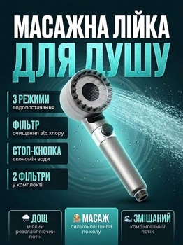 Массажная лейка для душа с встроенным фильтром и тремя режимами подачи воды 3 в 1