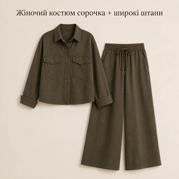 Жіночий костюм із сорочкою та широкими штанами джинс-котон — хакі комплект на весну, осінь і прохолодне літо, розмір 44-46