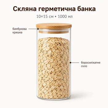 Стеклянная герметичная банка для круп, овсянки и сыпучих продуктов с бамбуковой крышкой 1000 мл, 10×15 см