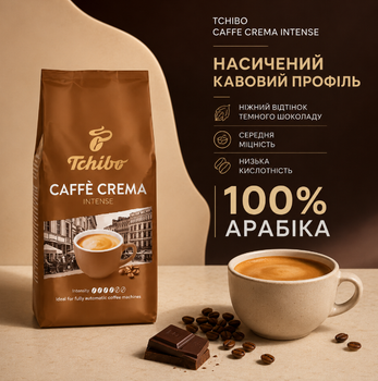 Кава в зернах Tchibo Caffe Crema Intense 1 кг 1000 г Чібо Кафе Крема Інтенс 100% арабіка зернова натуральна німецька середнього обсмажування міцності низької кислотності гіркоти темний шоколад кремова ароматна для кавомашини