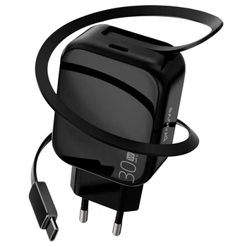 Зарядное устройство Proove Fixtape GaN 30W Сетевой адаптер 1Type-C с быстрой зарядкой и встроенным кабелем Type-C, Черный