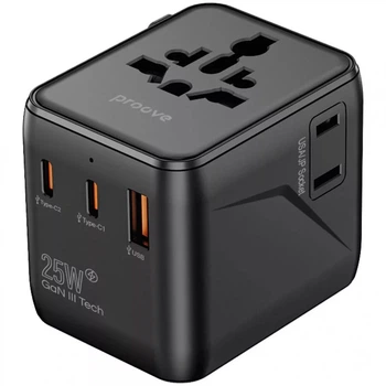 Зарядное устройство Proove Trip 25W Сетевой адаптер 2USB/Type-C/AC с быстрой зарядкой Черный